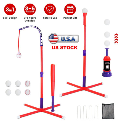 3-In-1 Baseball Toy Set For 3-5Years Old Kids And Toddlers Includes Tee Ball Stand Hanging Tee Automatic Ball Launcher with Adjustable Height For Indo