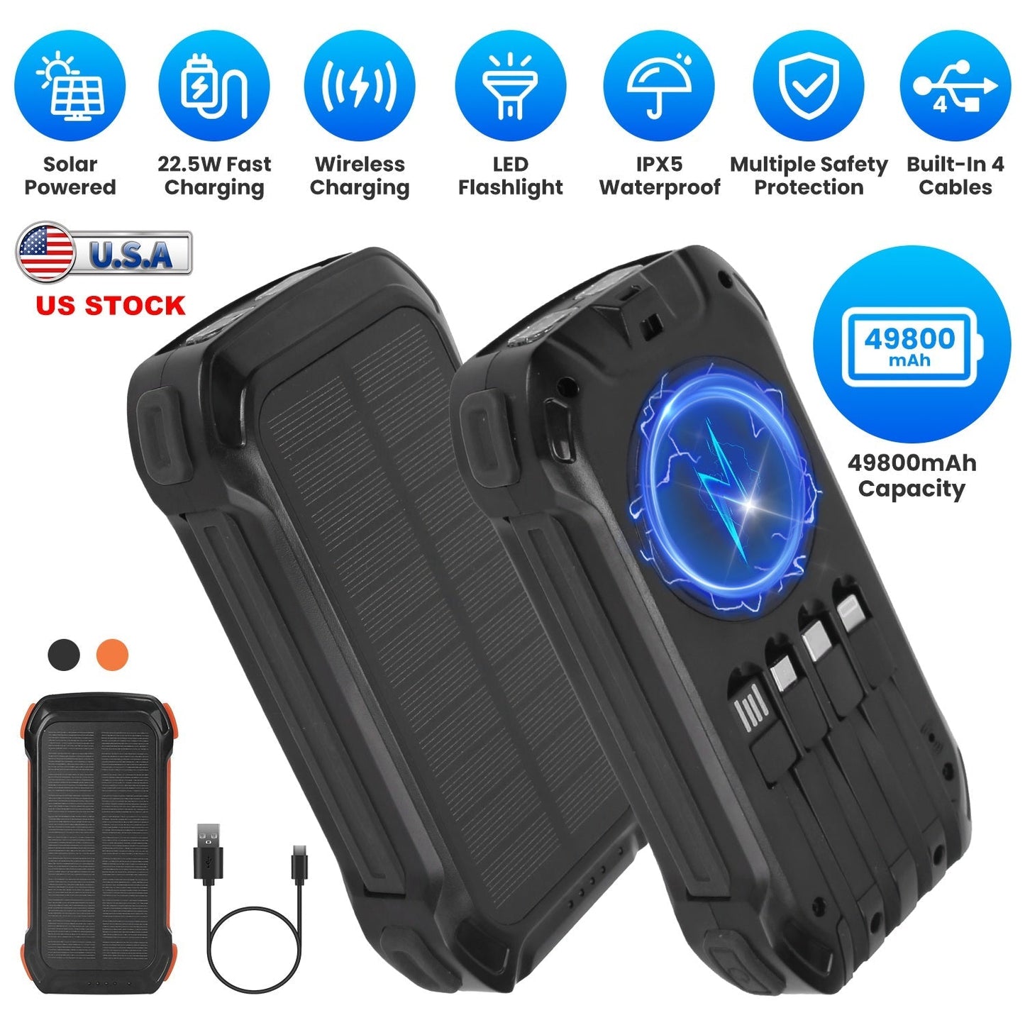 Portable Solar Charger 49800mAh Power Bank External Battery Pack 22.5W PD Fast Charging Built in 4 CablesÊ15W Wireless Charging LED Flashlight for Cam
