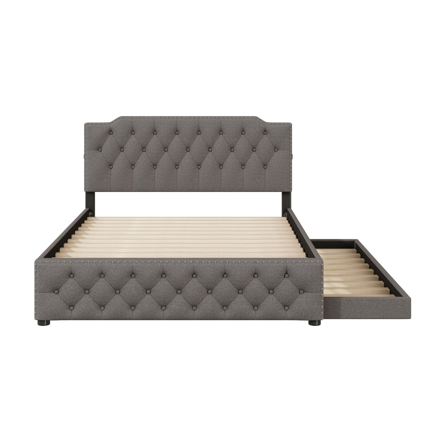 Upholstered Platform Bed With Trundle And 2 Sets Of USB Ports On Each Side, Fabric