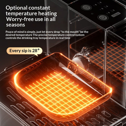 Thermostatically Controlled Plug-Free Pet Water Fountain With Automatic Tilting Feature Flowing Water