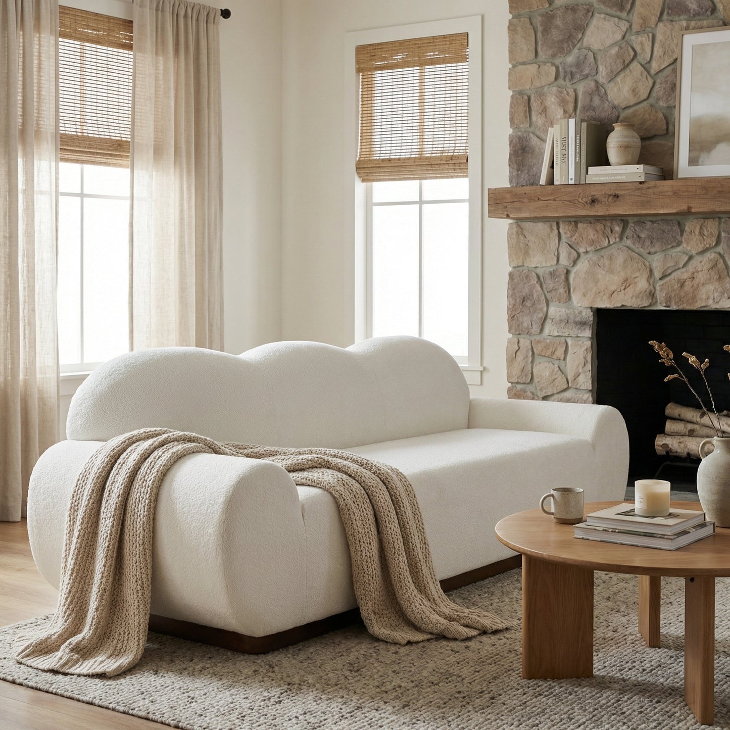 88 in. Round Arm Cloud Curved 3-Seater Modern Upholstered Chenille Sofa, Snow