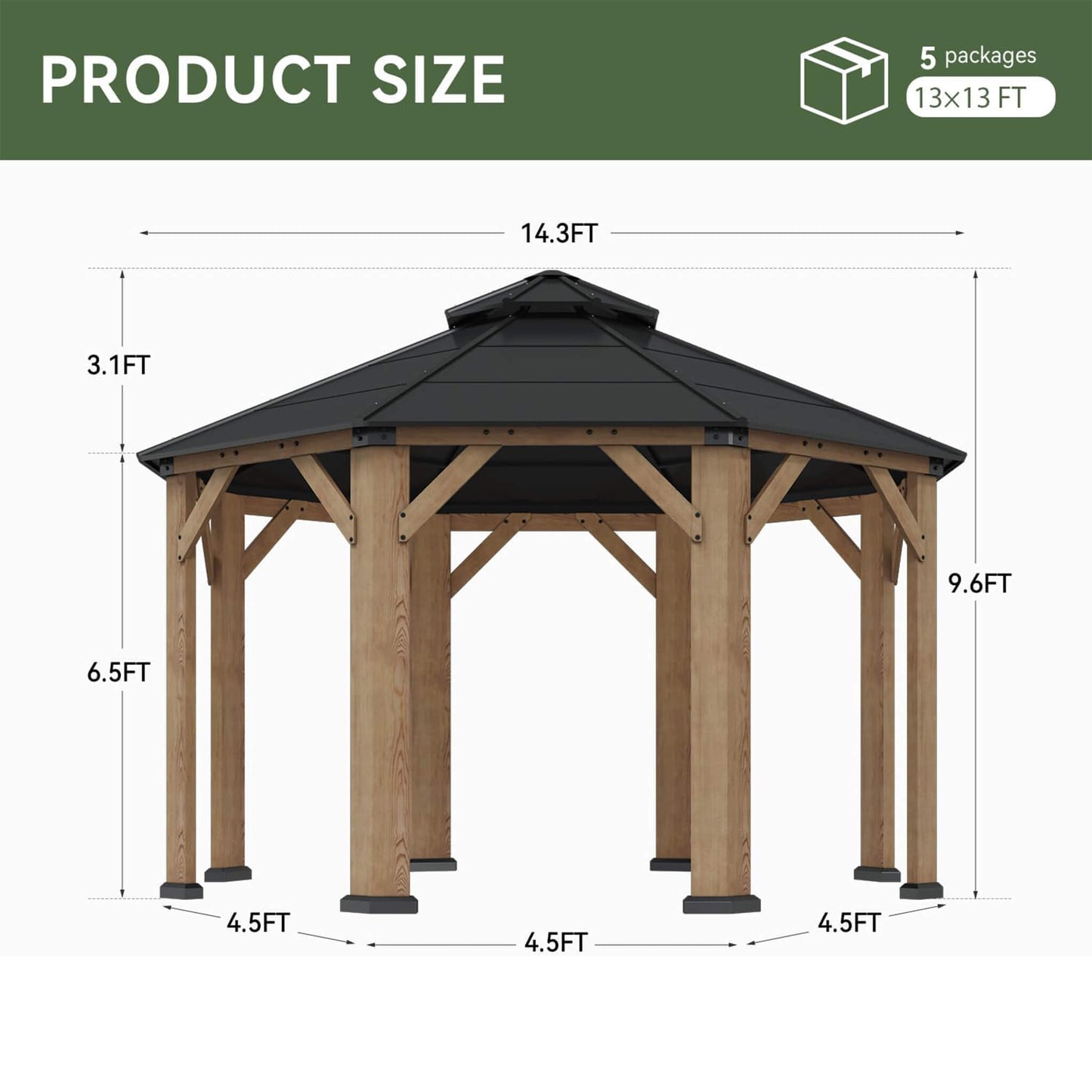 [13X13FT] Alora Cedar Wood Galvanized Steel Octagonal Hardtop Double Roof Gazebo (SAK17468)
