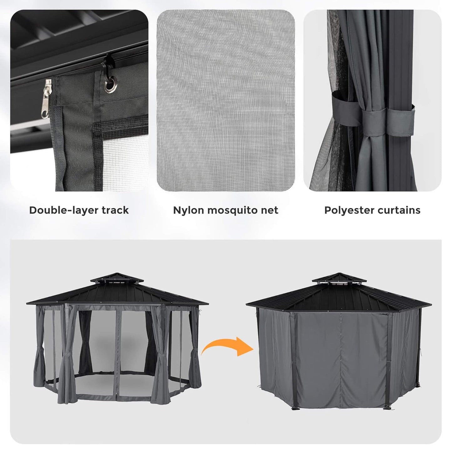 [13X15FT] Alora Hardtop Hexagonal Gazebo With Curtains And Netting [No Furniture] (SAK60713)
