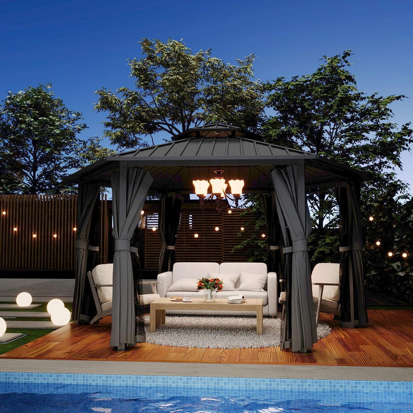 [13X15FT] Alora Hardtop Hexagonal Gazebo With Curtains And Netting [No Furniture] (SAK60713)
