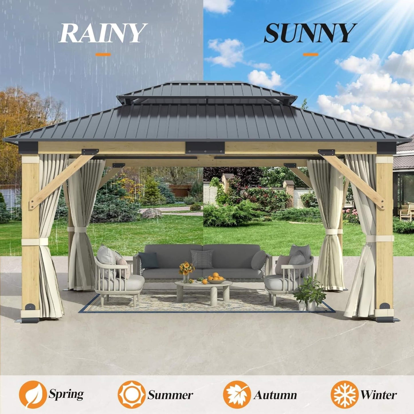 [13X15FT] Alora Outdoor Wooden Double-Top Gazebo With Curtains (SAK60781)