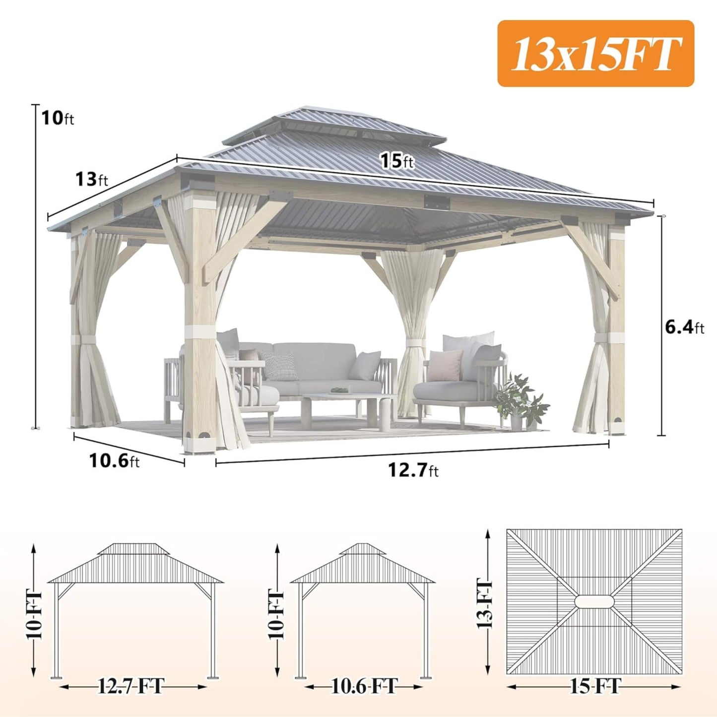[13X15FT] Alora Outdoor Wooden Double-Top Gazebo With Curtains (SAK60781)
