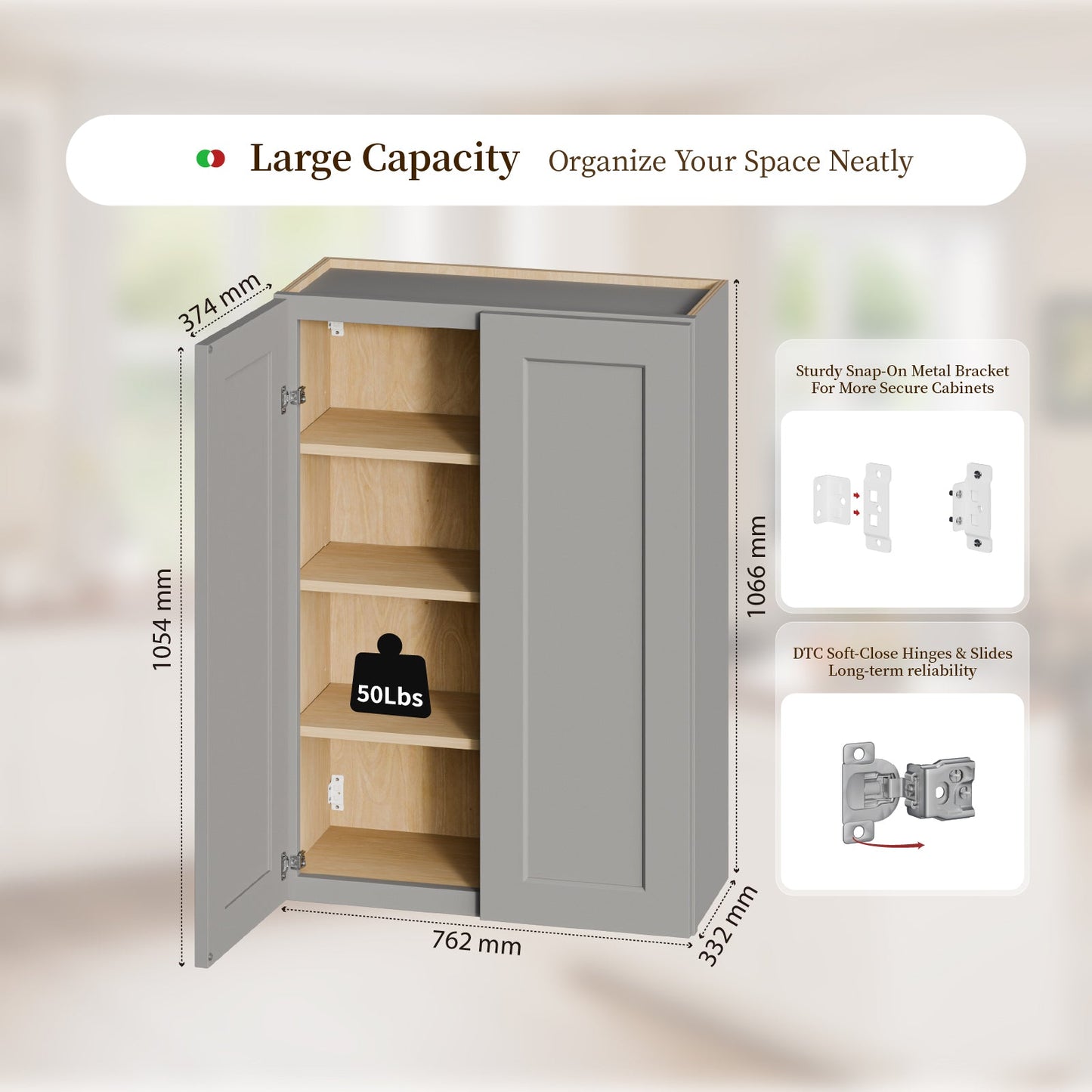 Gray Shaker Solid Wood Wall Cabinet with Soft-Close Doors