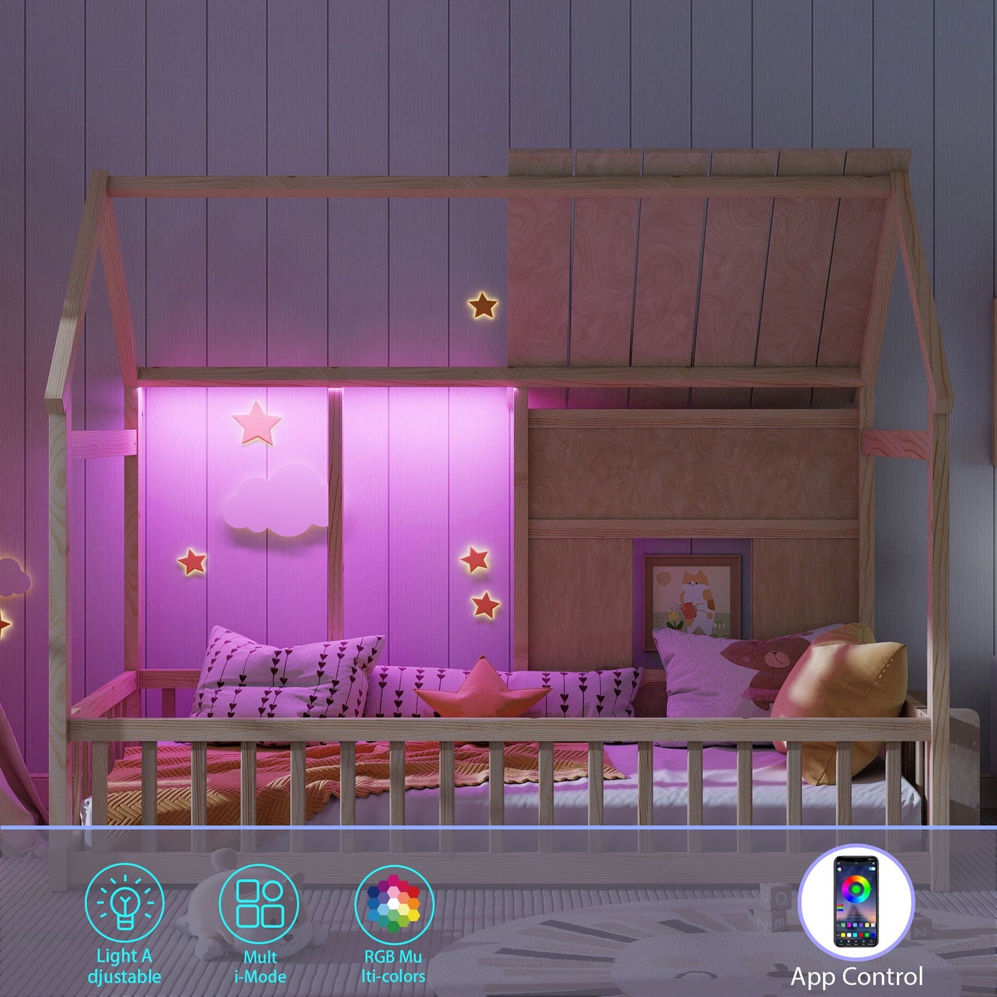House Floor Bed With 7 Color LED Light, Built In Bookshelf