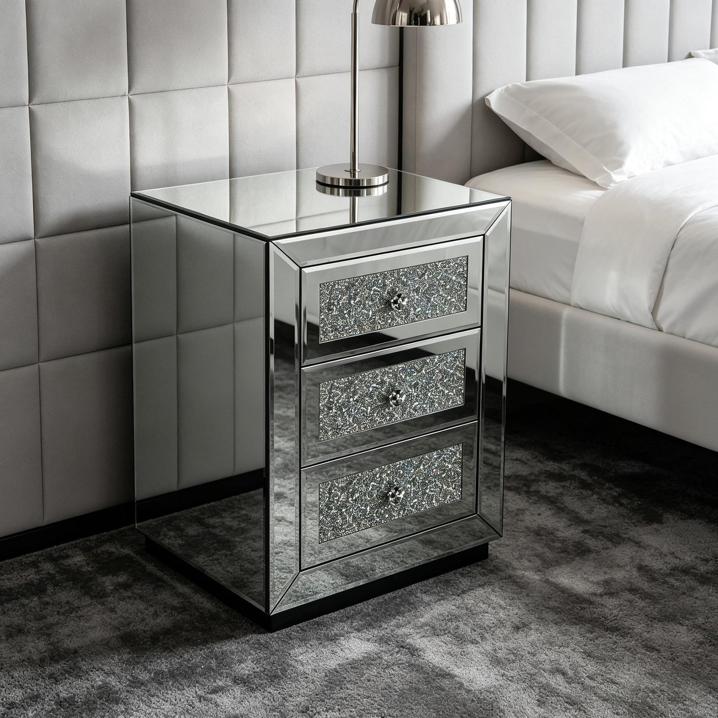 3 Drawer Nightstand With Glass Accents, Bedside Table For Bedroom - Silver