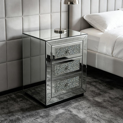 3 Drawer Nightstand With Glass Accents, Bedside Table For Bedroom - Silver