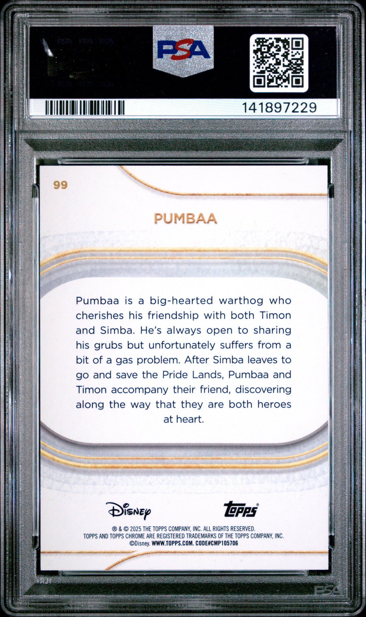 Graded 2025 Topps Chrome Disney Pumbaa #99 Pink Refractor #/250 The Lion King Trading Card PSA 10 Gem Mint