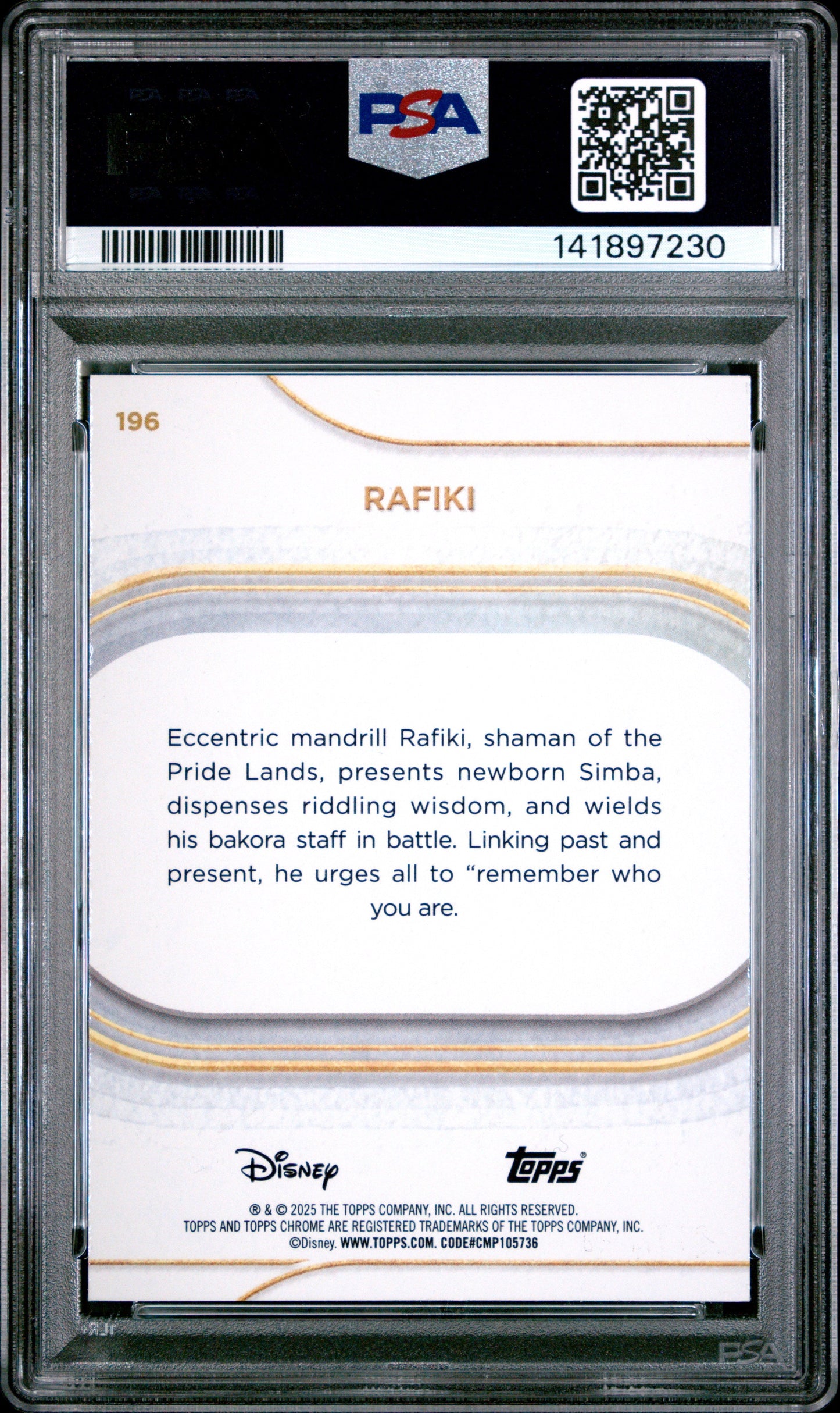 Graded 2025 Topps Chrome Disney Rafiki #196 Pink Refractor #/250 The Lion King Live Action Trading Card PSA 10 Gem Mint