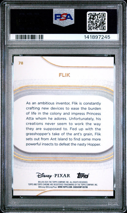 Graded 2025 Topps Chrome Disney Flik #78 Mickey Mouse Black and White Shimmer #/101 A Bug's Life Trading Card PSA 10 Gem Mint
