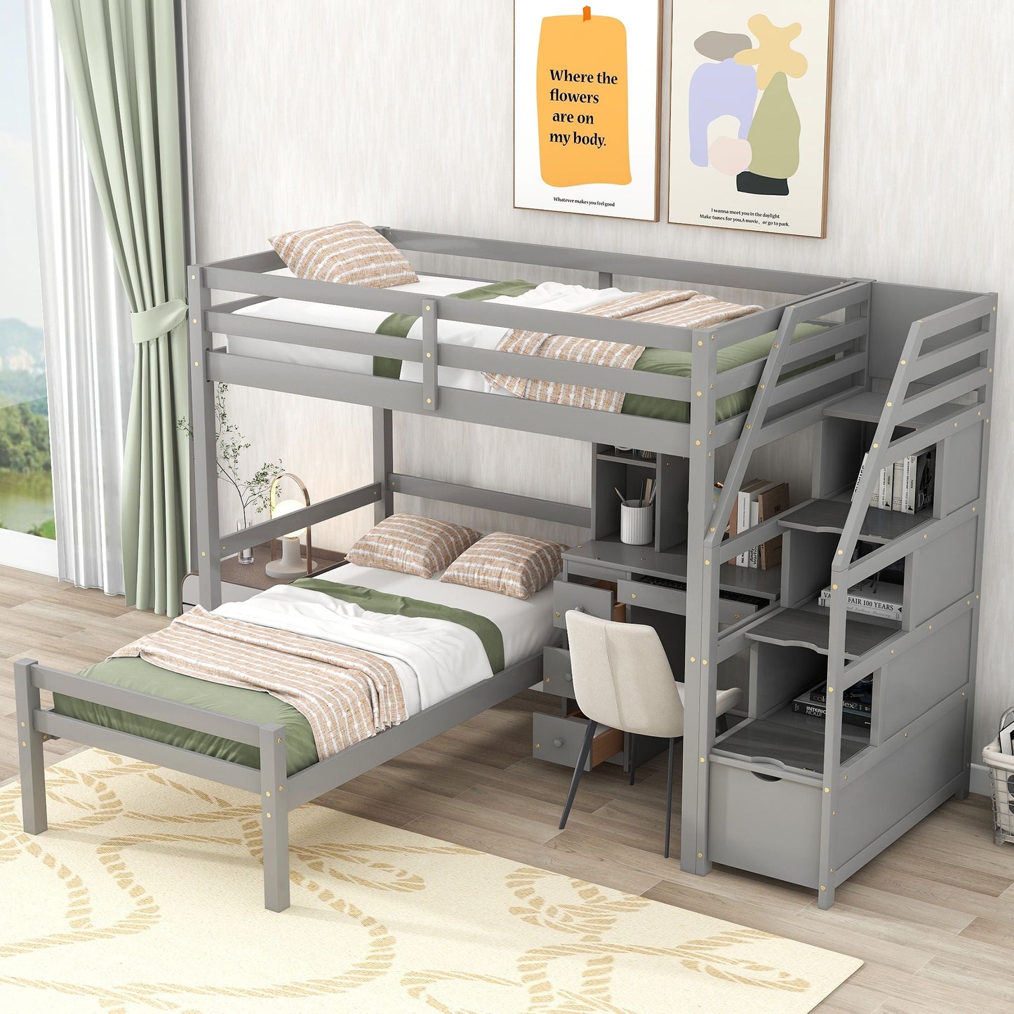Loft Bed With Stand Alone Bed, Storage Staircase, Desk, Shelves, And Drawers