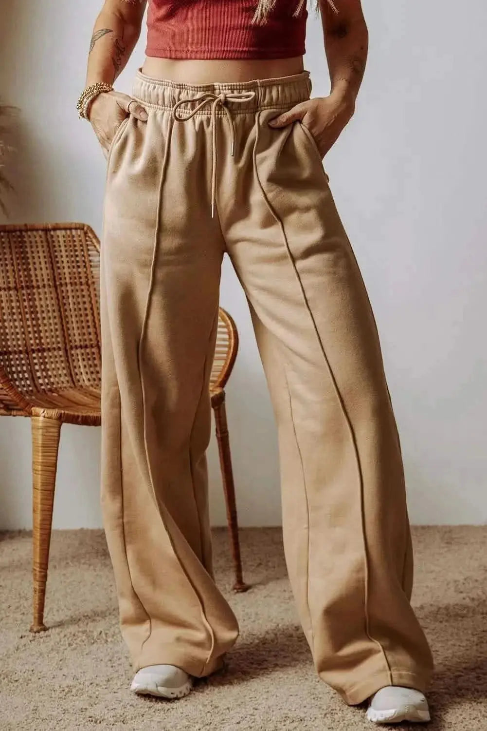 Trendsi Wide Leg Trousers Women's Casual Drawstring Pocketed Pants Comfortable Fit