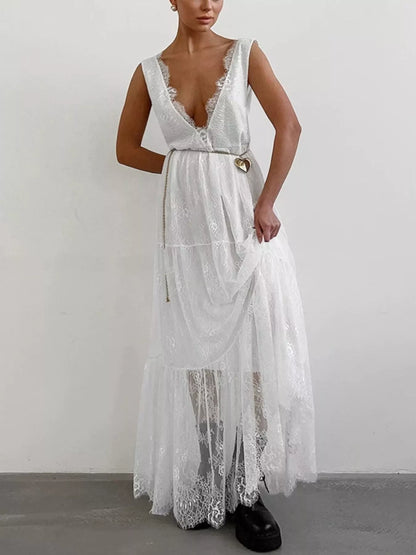 Lace V-Neck Sleeveless Maxi Dress