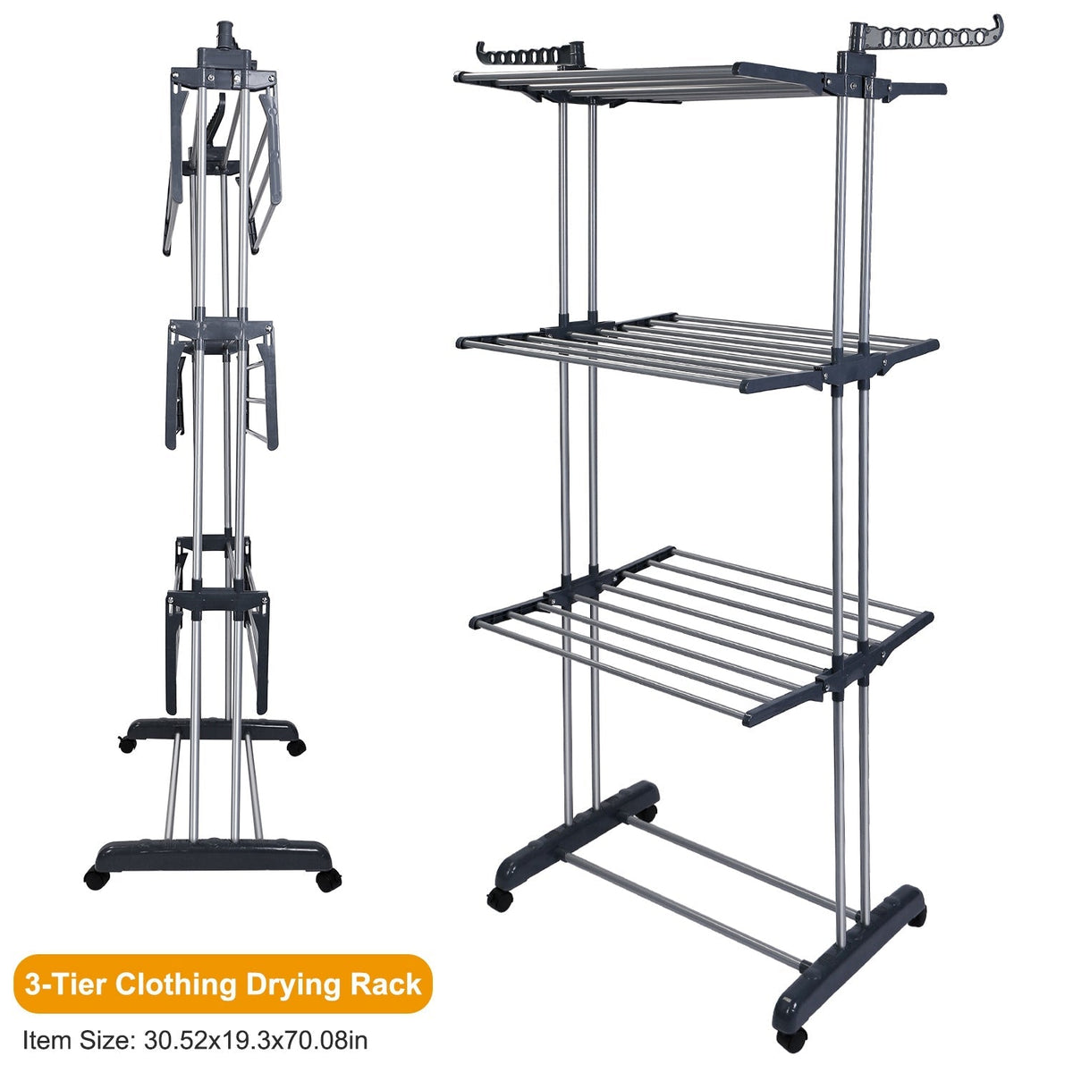Clothes Drying Rack Rolling Collapsible Laundry Dryer Hanger Stand Rail Shelve_x000B__x000B_Wardrobe Clothing Drying Racks w/ Dual Side Wings