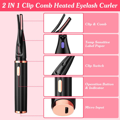 2 In 1 Clip Comb Heated Eyelash Curler Electric Mini Lash Curler Natural Eye Lash Makeup Tool with 3 Temp Settings 15Mins Shutdown