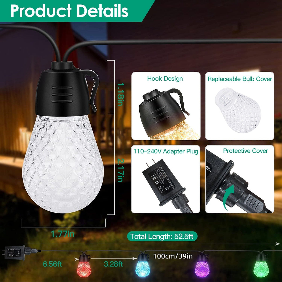 52.5FT Colorful Outdoor String Lights Smart RGB LED Patio Lights IP66 Waterproof Dimmable Hanging Light Bulbs with APP/ Remote Control 15 Bulbs