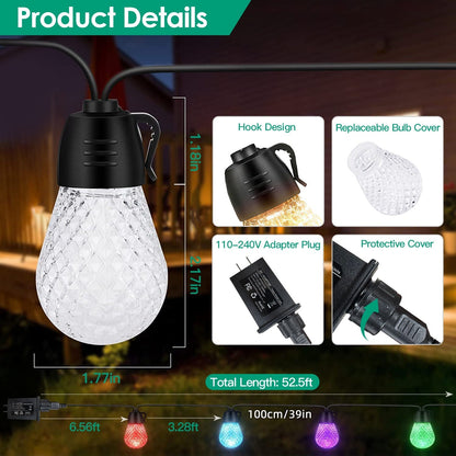 52.5FT Colorful Outdoor String Lights Smart RGB LED Patio Lights IP66 Waterproof Dimmable Hanging Light Bulbs with APP/ Remote Control 15 Bulbs