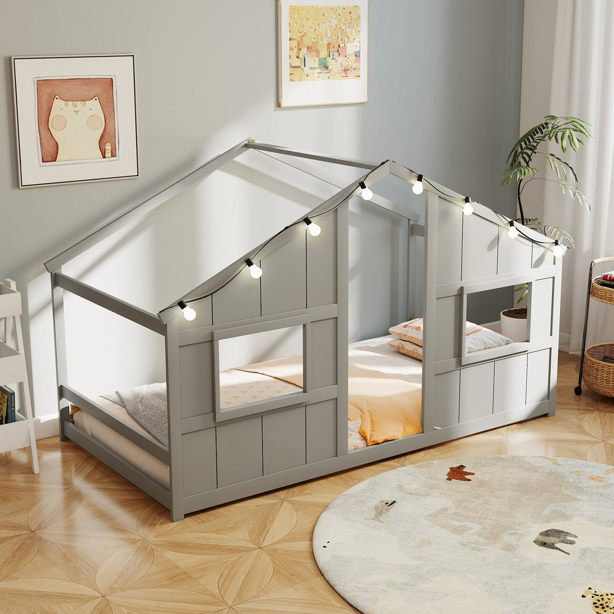 Twin Size House Bed with LED Lights Montessori Slat-free Floor Bed