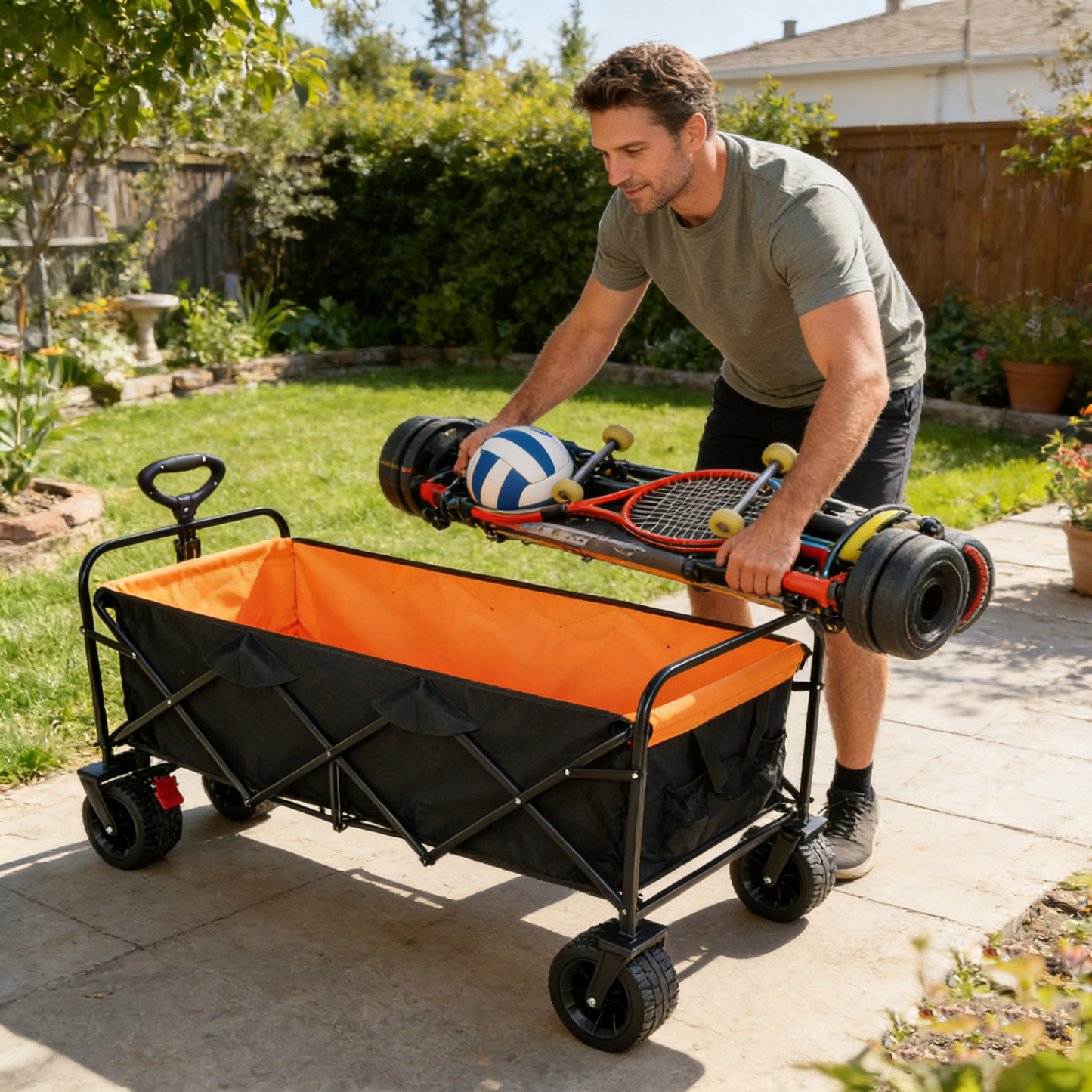 Big Large Capacity Folding Wagon Cart with Extender (Black + Orange)