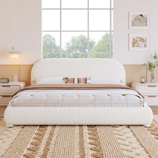 Cream Style Fabric Upholstered Bed, Simple Modern Bedroom Double Bed, Queen