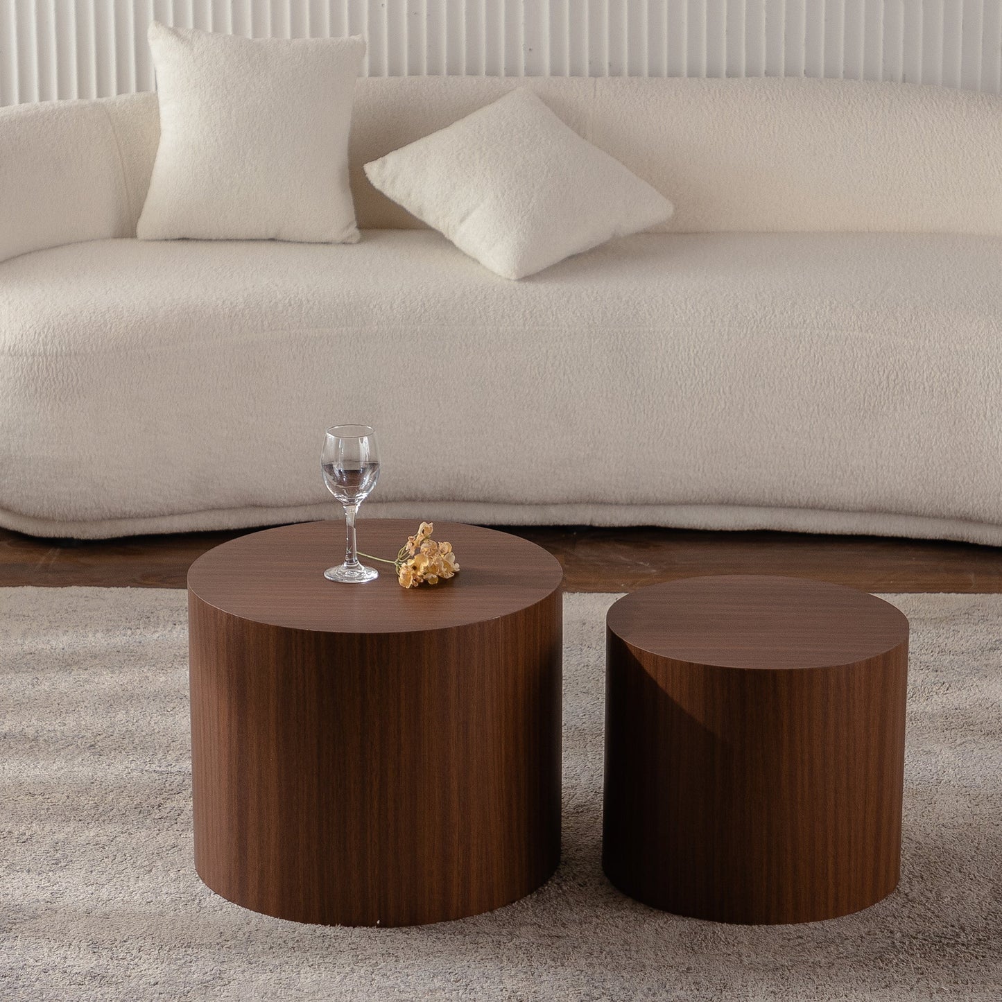 Nesting Coffee Table Set of 2 Round Wooden Tables