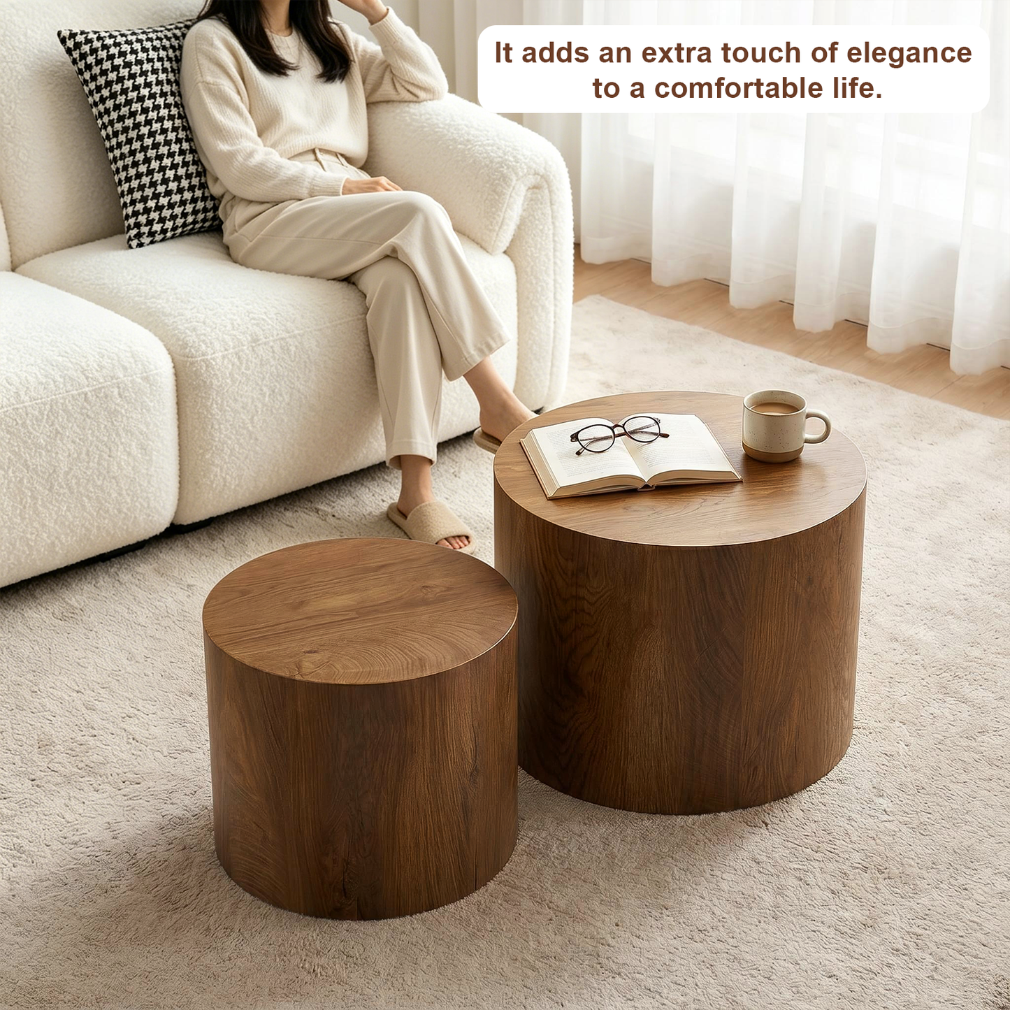Nesting Coffee Table Set of 2, Modern Round Coffee Tables with Non-Slip Feet