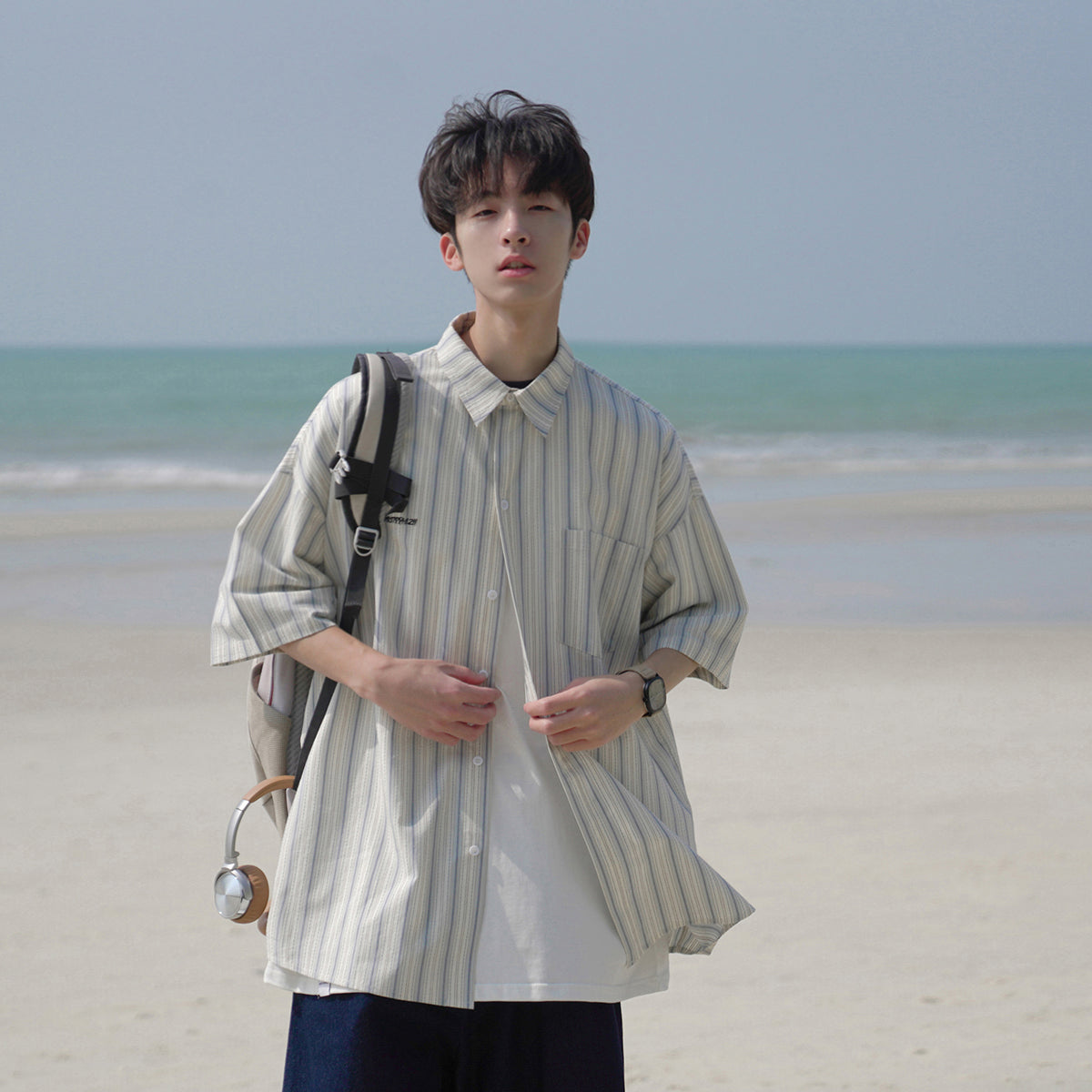 Men's Solid-Color Striped Short-Sleeve Top