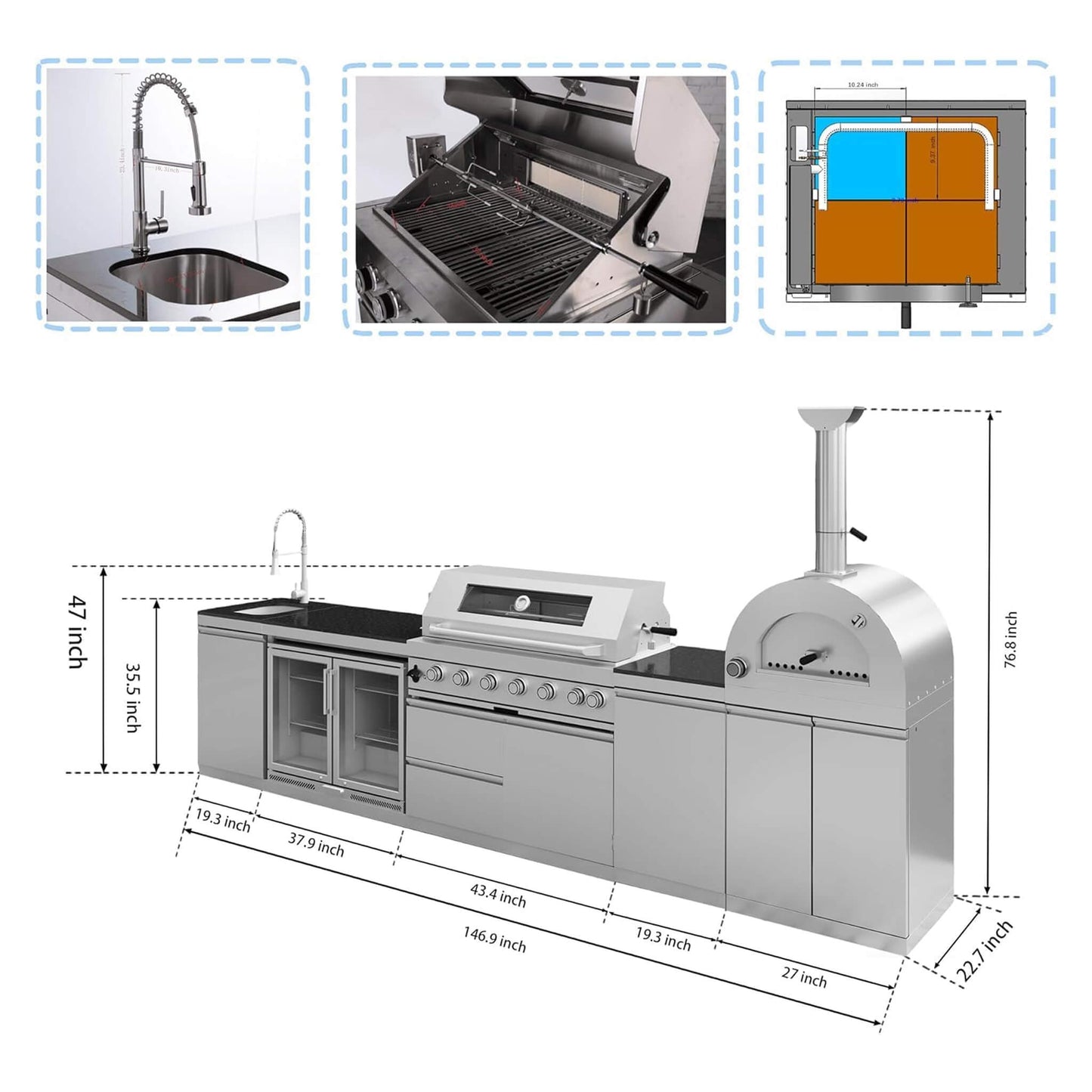 Blazon 147-Inch 6-Burner 120K BTU Outdoor Kitchen Island With Pizza Oven, Rotisserie & Refrigerator (SAK96429)