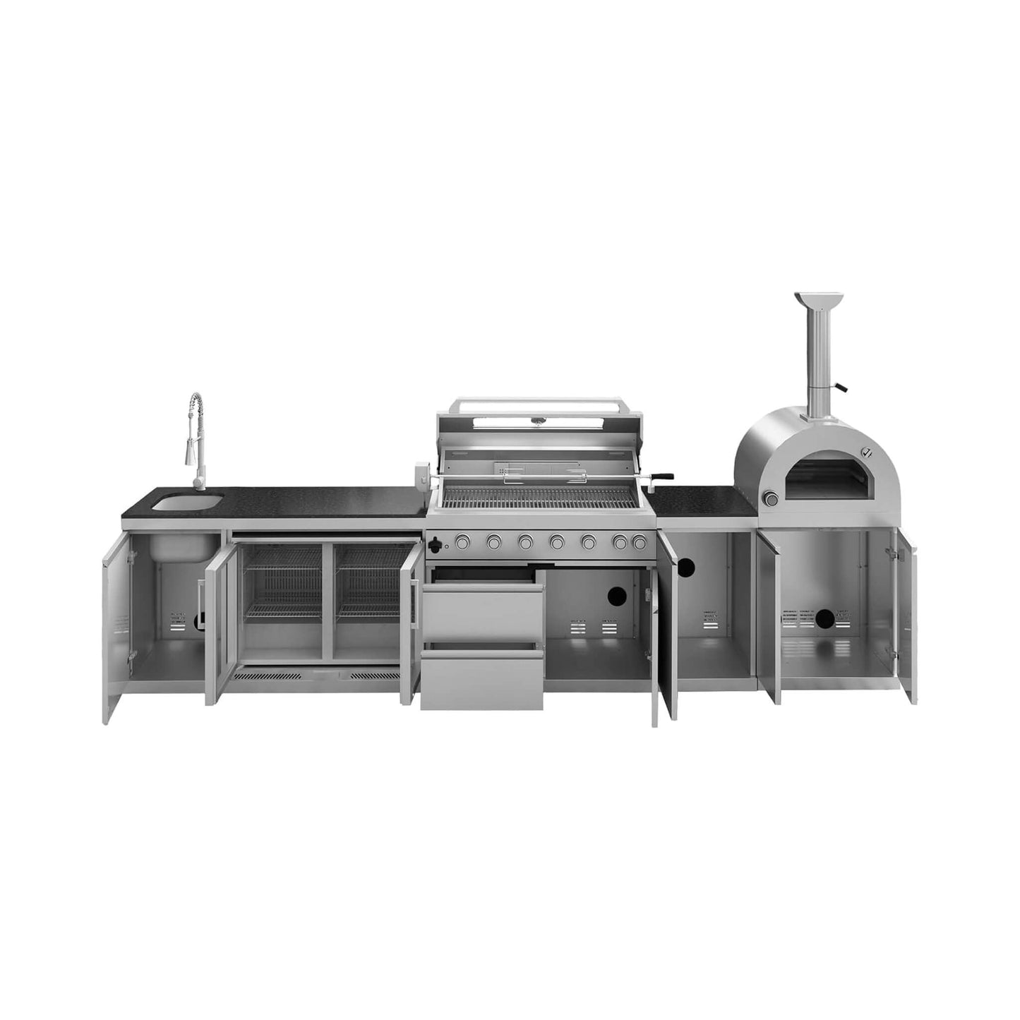 Blazon 147-Inch 6-Burner 120K BTU Outdoor Kitchen Island With Pizza Oven, Rotisserie & Refrigerator (SAK96429)