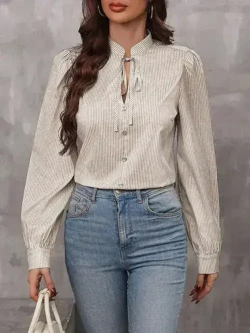 Striped Tie Neck Long Sleeve Blouse – Femstylo