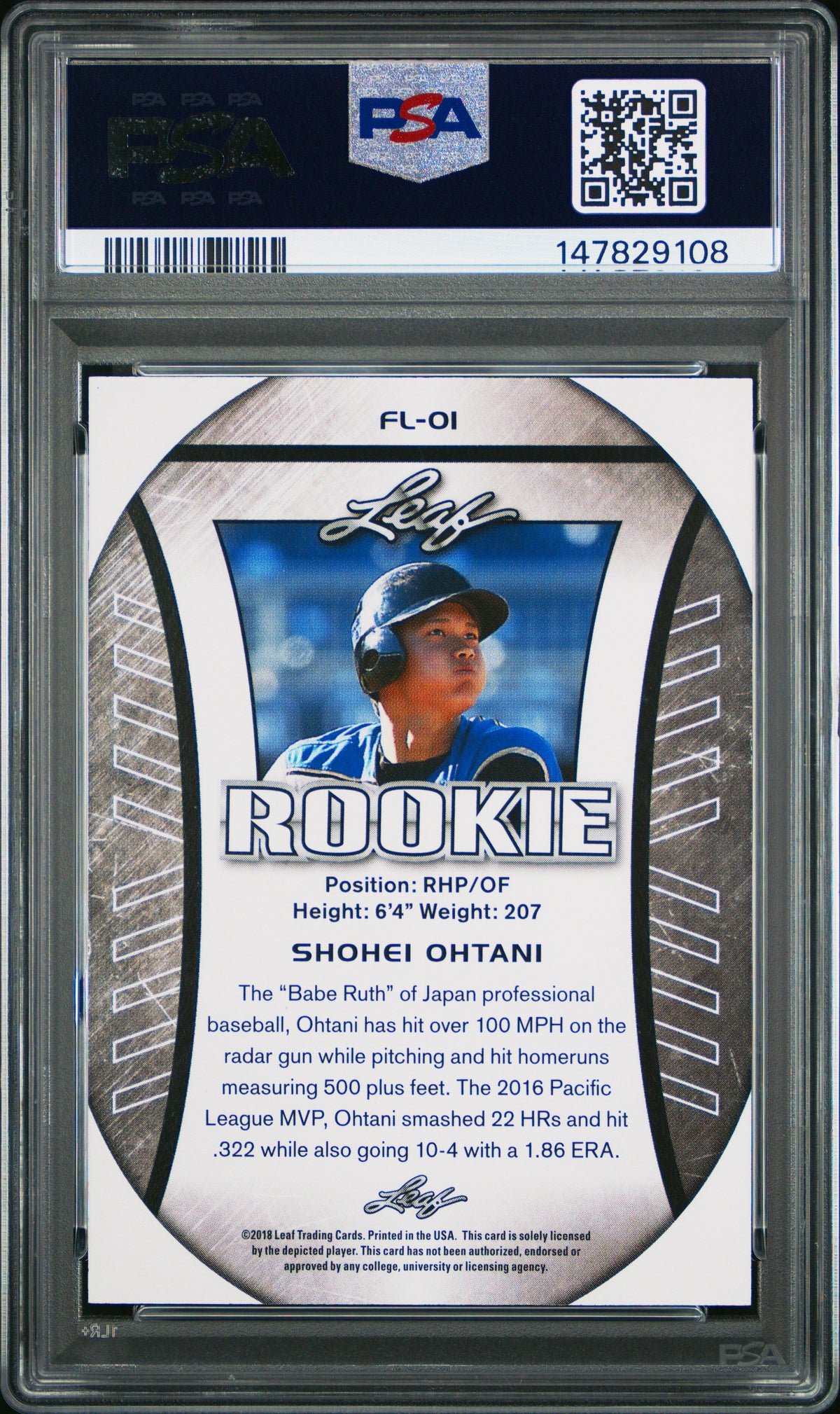 Graded 2018 Leaf Rookie Shohei Ohtani #FL-01 Exclusive Flag Rookie RC Baseball Card PSA 10 Gem Mint
