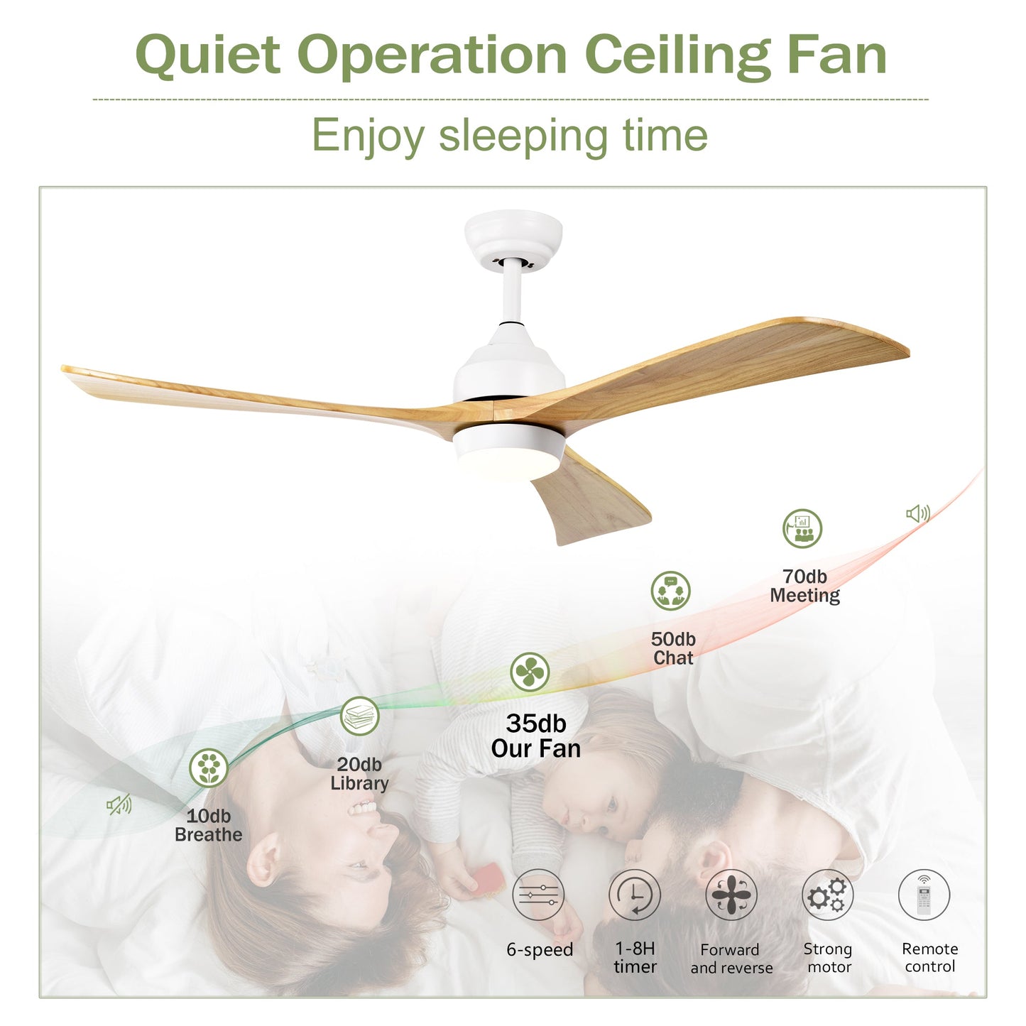52" Solid Wood Blades Ceiling Fan with Lights and Remote Control