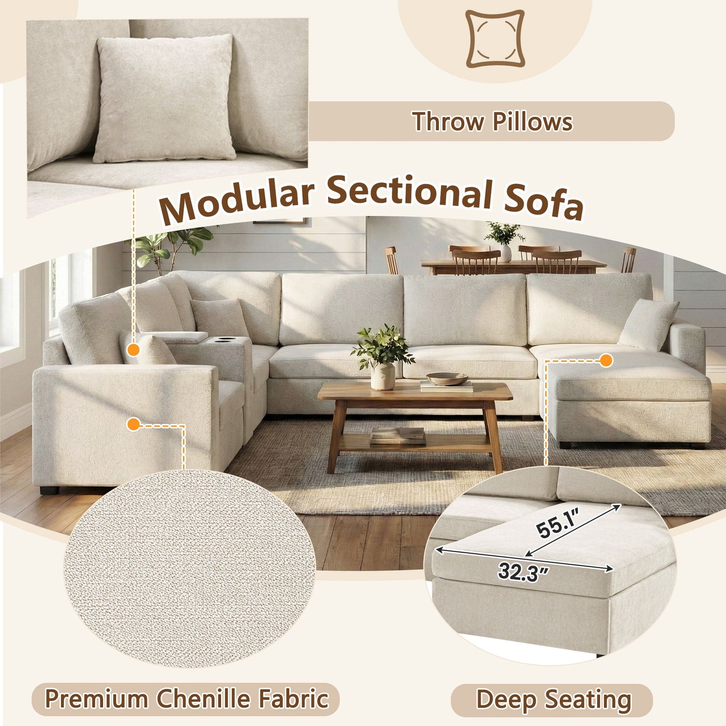 Modular 5 Seat U-Shape Sectional Sofa With Chaise Lounge, Built In Cup Holders And Storage Drawer