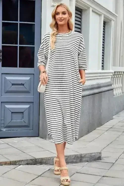 Lovelet Contrast Striped Half Sleeve Midi Tee Dress