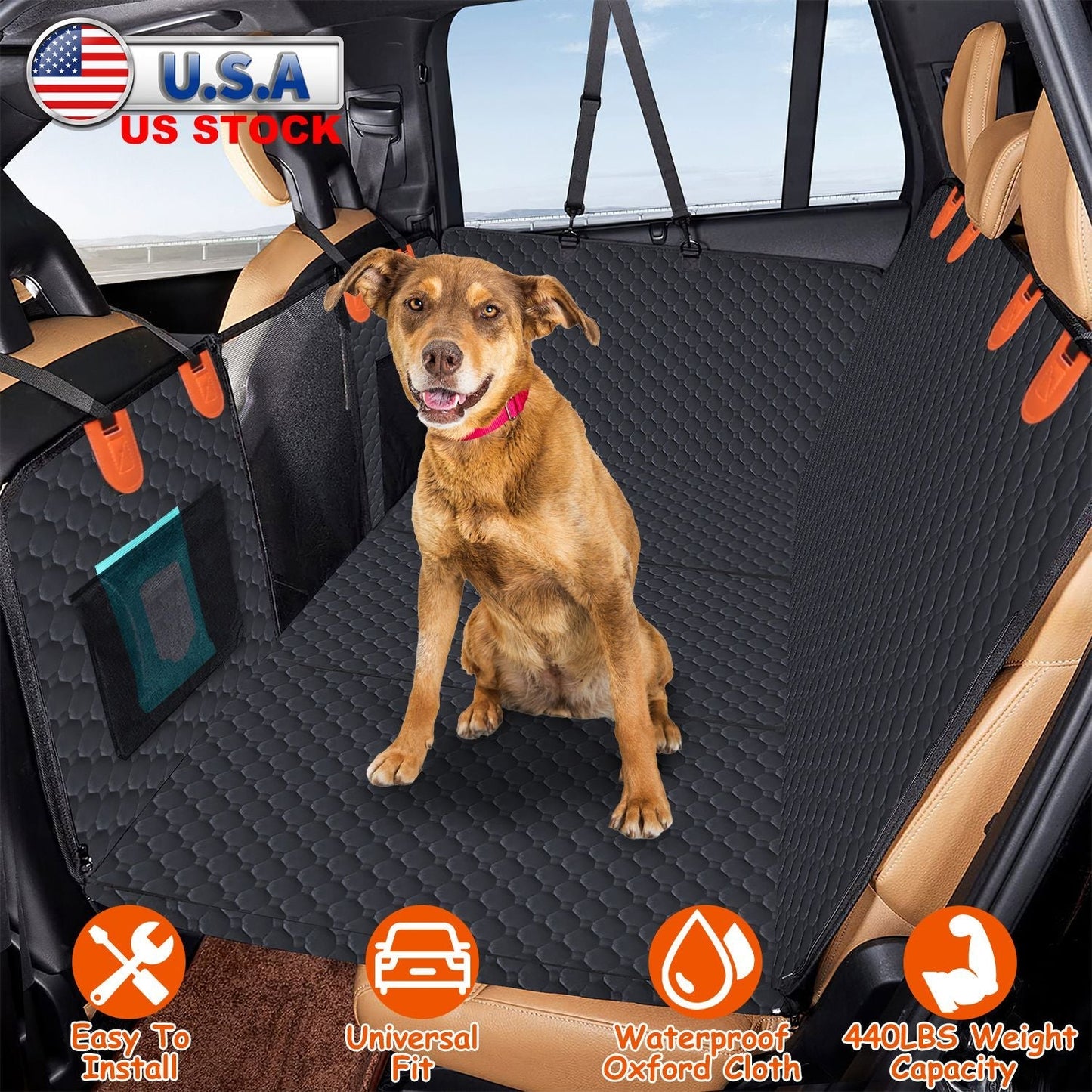 Dog Car Back Seat Cover With Zipper Mesh Window Storage Bags Waterproof 600D Oxford Cloth Car Seat Protector With Slide Flaps For Cars Trucks SUVs
