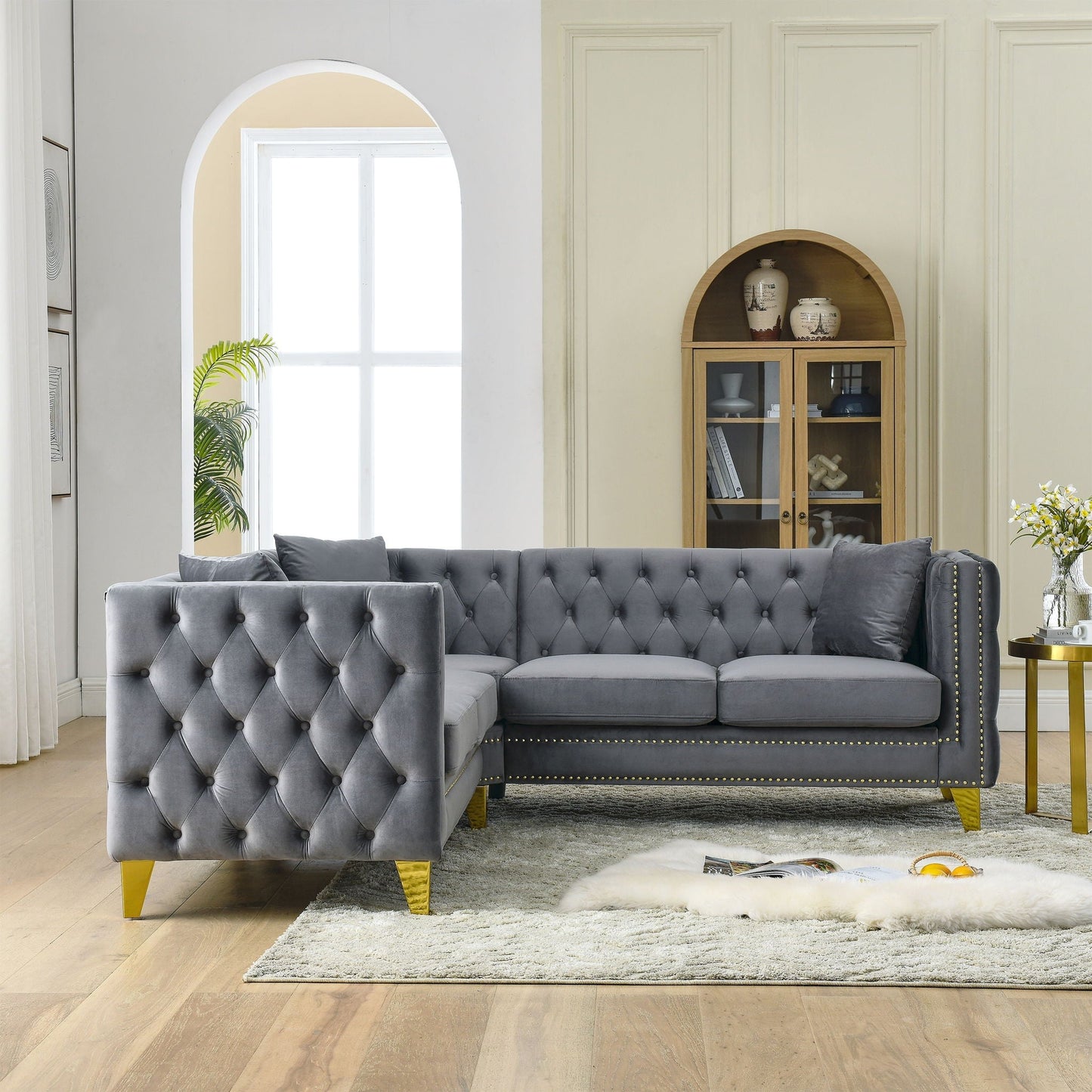 L-Shaped Corner Sofa, 5 Seater Sectional With Tufted Design