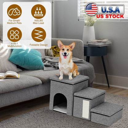 3 Step Pet Stair 4-IN-1 Foldable Dog Ramp Non-Slip Cat Storage Ladder with Scratcher Storage and Pet House for Old Pet Small/Medium Dog/Cat 165LBS Max