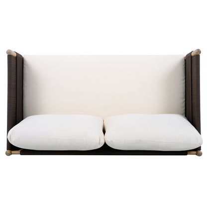 Outdoor Acacia Wood Loveseat with Diamond Rope Weave & Cushions, Light Teak