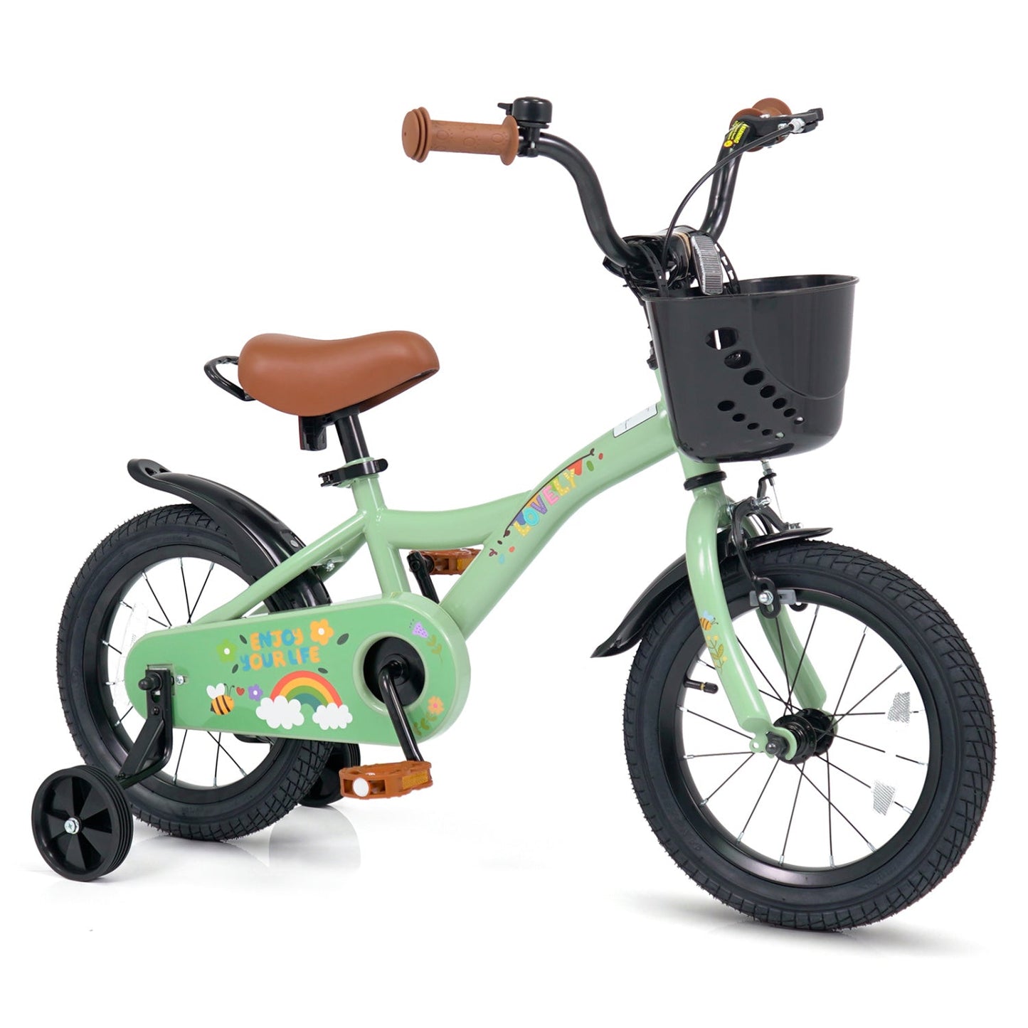 14 Inch Girls Bike with Training Wheels and Basket - Green