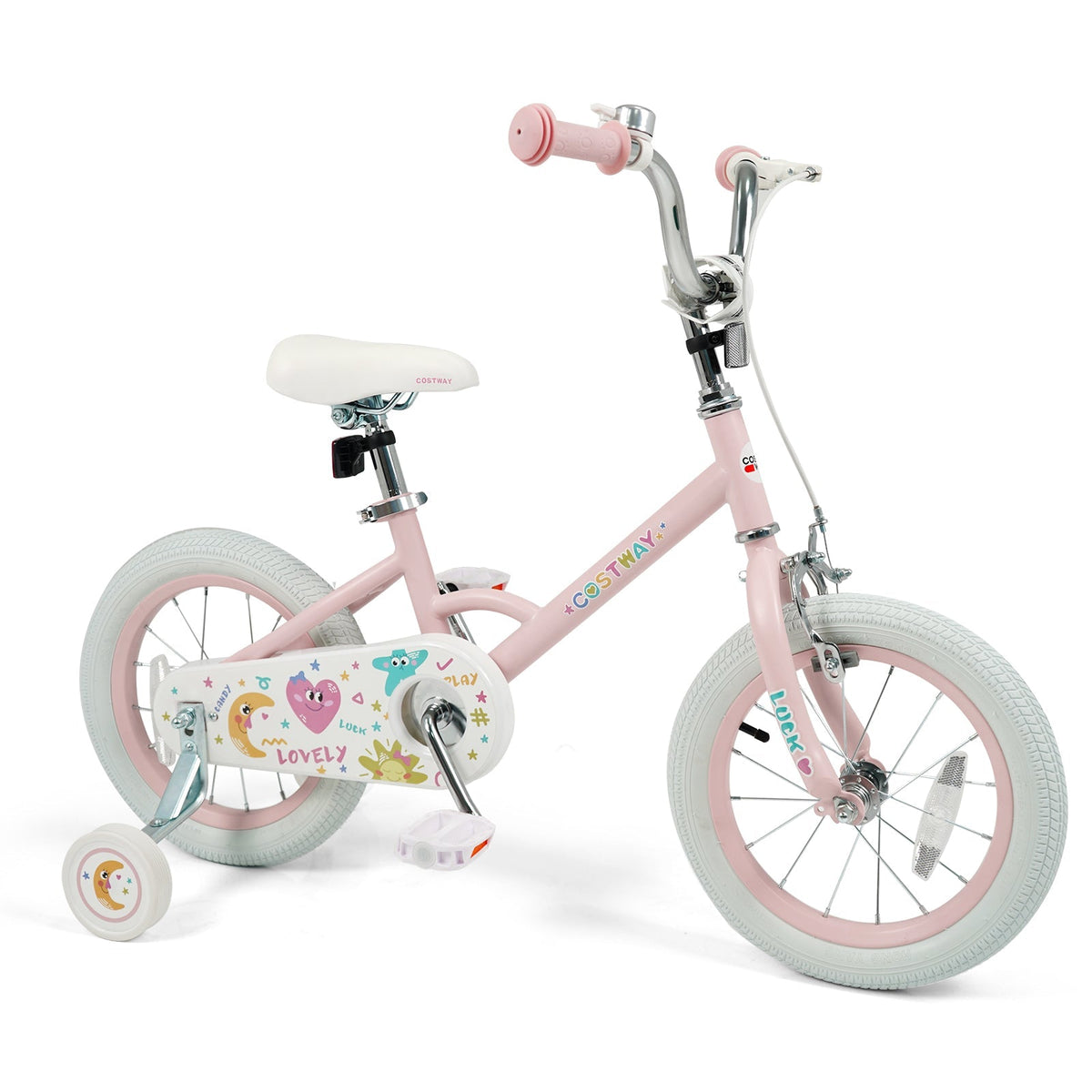 Kids Bike 12-18 Inch with Training Wheels - Pink Stars & Moon