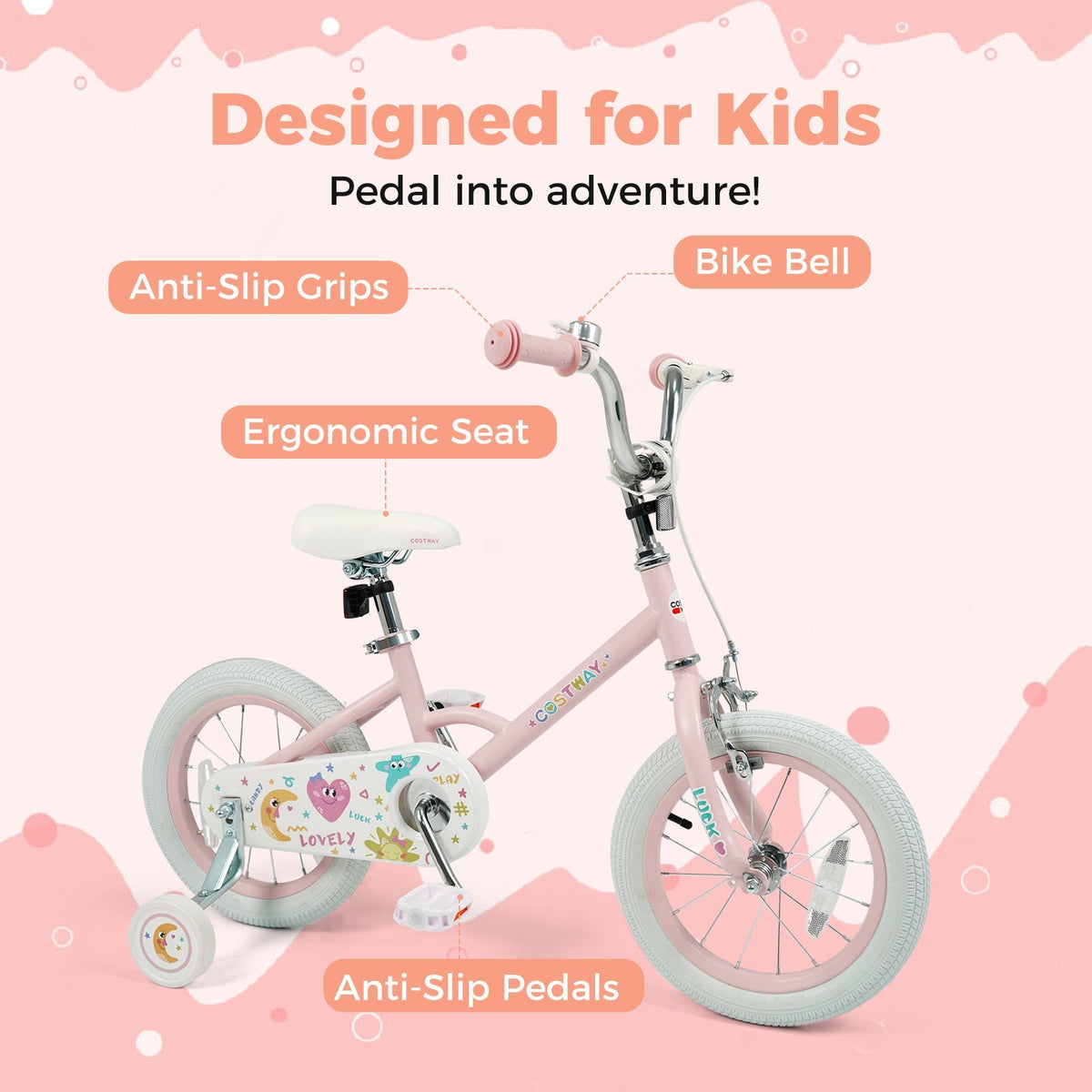 Kids Bike 12-18 Inch with Training Wheels - Pink Stars & Moon