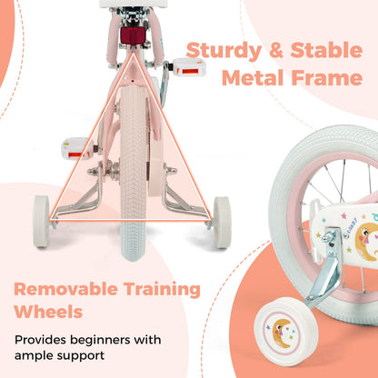 Kids Bike 12-18 Inch with Training Wheels - Pink Stars & Moon