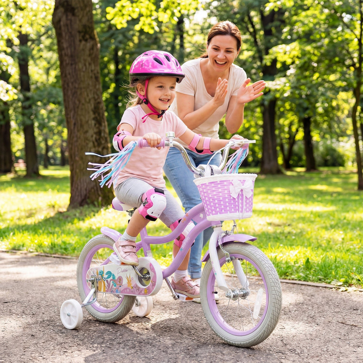 Kids Bike 12-20 Inch with Training Wheels & Basket Purple