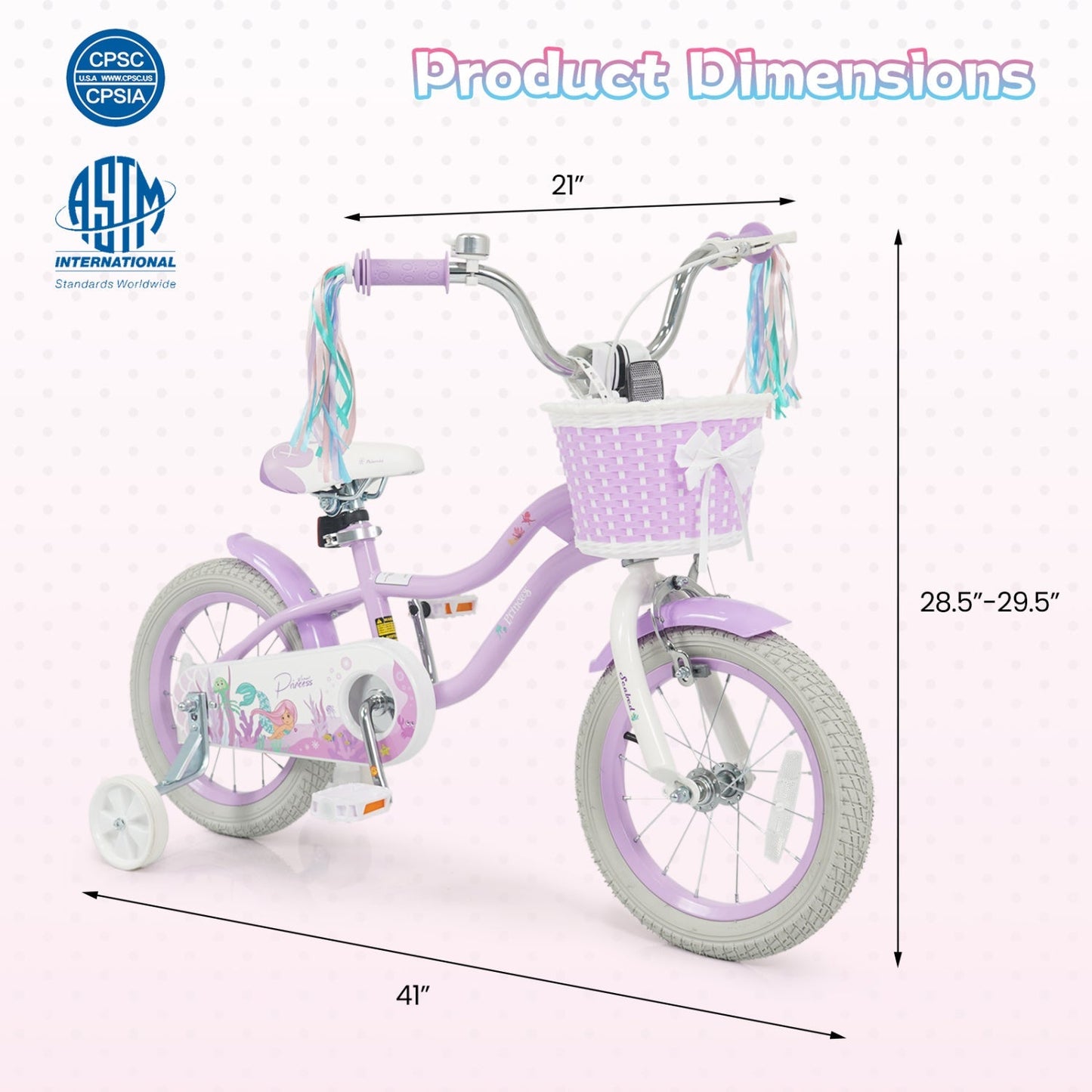 Kids Bike 12-20 Inch with Training Wheels & Basket Purple