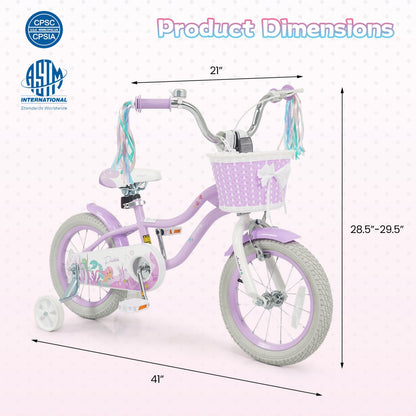 Kids Bike 12-20 Inch with Training Wheels & Basket Purple