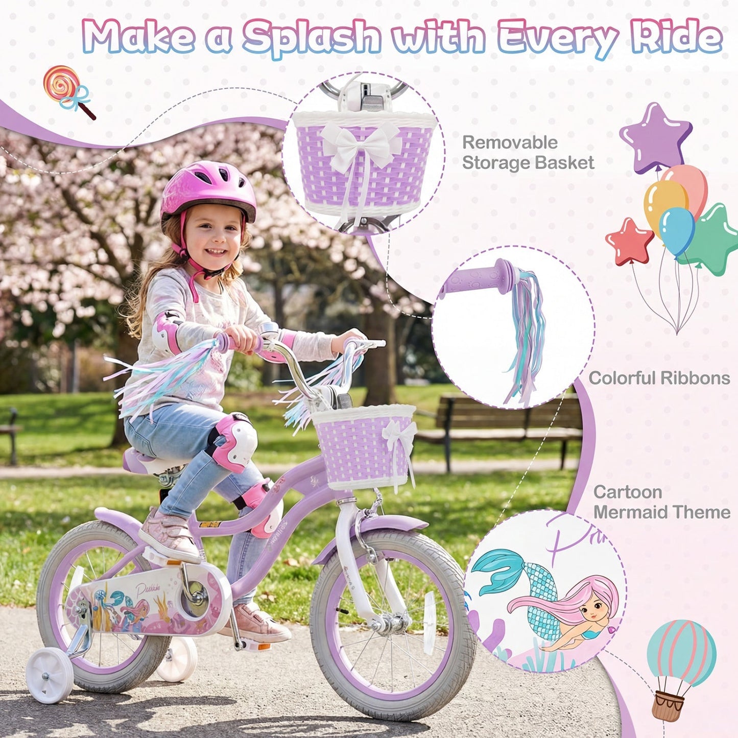 Kids Bike 12-20 Inch with Training Wheels & Basket Purple