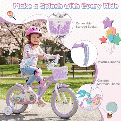 Kids Bike 12-20 Inch with Training Wheels & Basket Purple